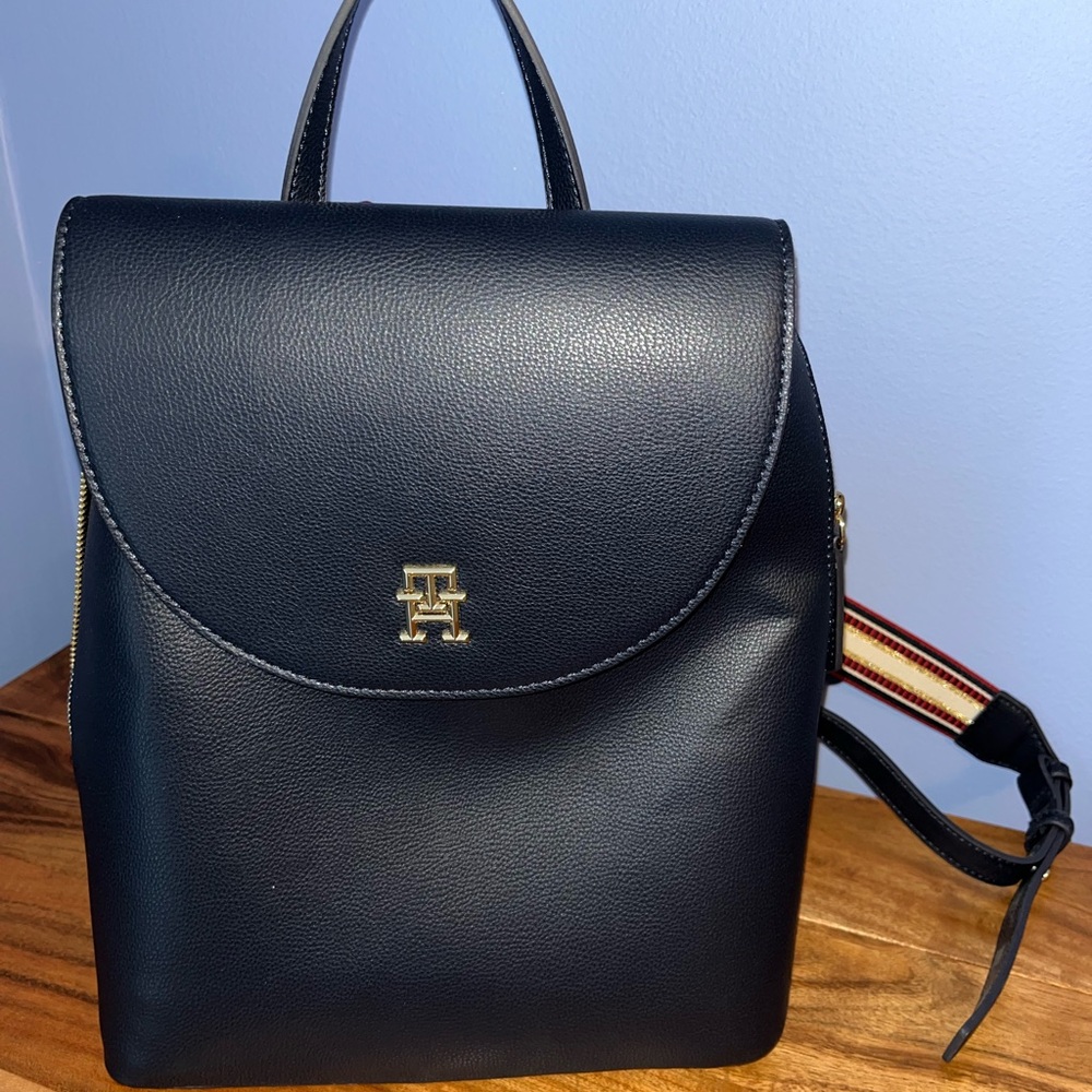 Tommy Hilfiger Black Leather Backpack with Gold Logo and Striped Strap